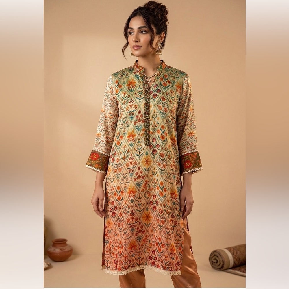 Limelight Pakistan Indian Kurta Dress with Peach Pants
Beaded neckline S